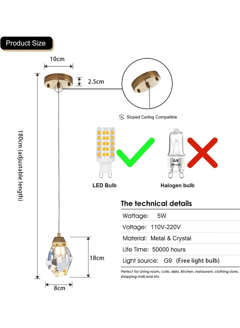 روعة مصباح معلق من الكريستال الماسي الخفيف، مصباح معلق صغير للسقف بلمسة نهائية من النحاس المطلي باللون الذهبي، مصباح معلق LED متغير الألوان من الكريستال المنشوري للمطبخ والحمام وغرفة النوم والبار (مصباح واحد) - Image 4
